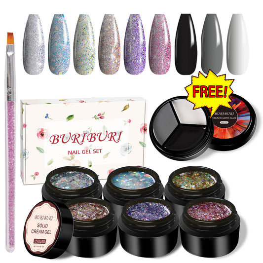 Shiny Glitter 6 Colors Set + Free 3-colors-in-1 (#12) Solid Cream Gel Polish