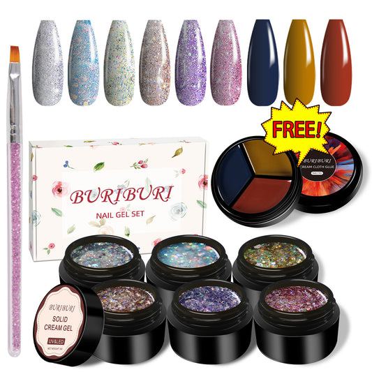 Shiny Glitter 6 Colors Set + Free 3-colors-in-1 (#19) Solid Cream Gel Polish