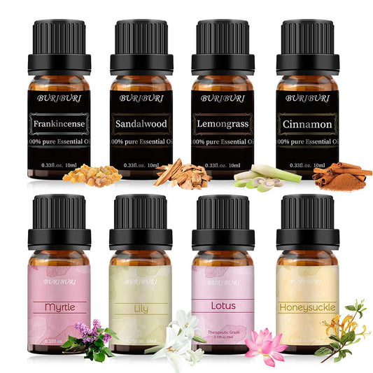 Sandalwood, Frankincense, Cinnamon, Lemongrass, Honeysuckle, Lily, Lotus, Myrtle essential oil set