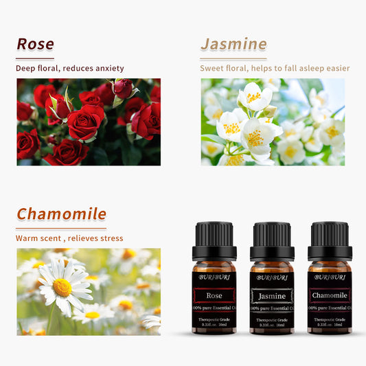Chamomile, Jasmine, Rose essential oils