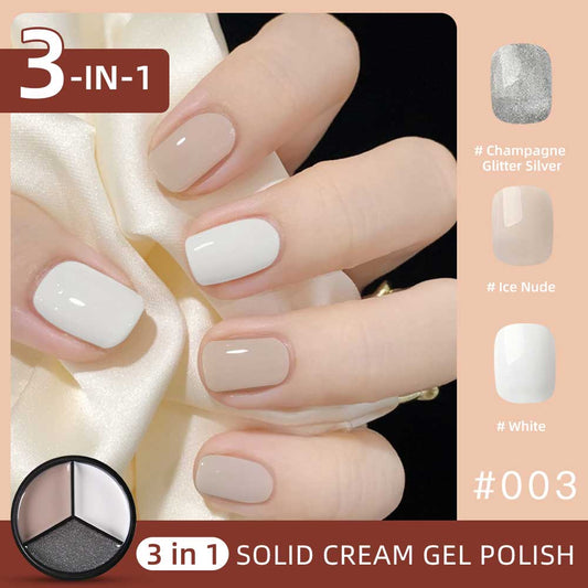 3 Colors in 1 Solid Cream Gel Polish - Champagne Glitter Silver, Ice Nude, White