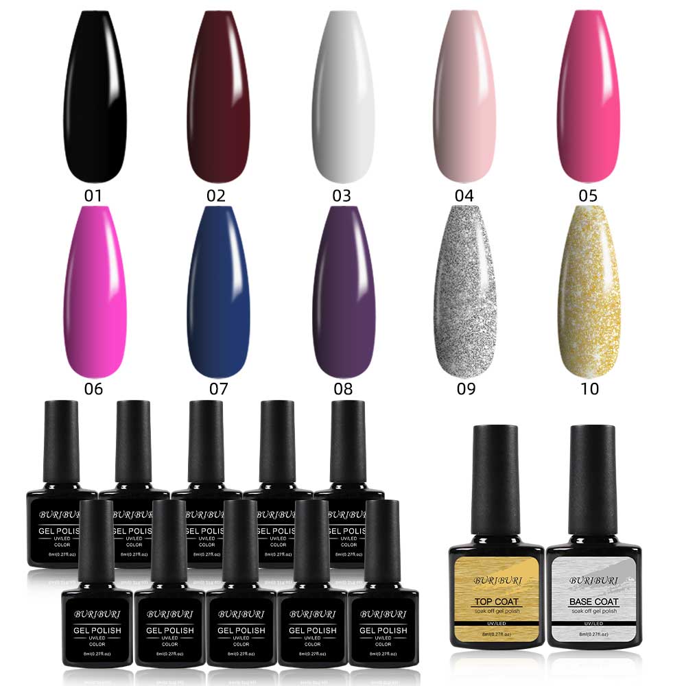 10 Colors Gel Nails Polish Set with Base & Top Coat