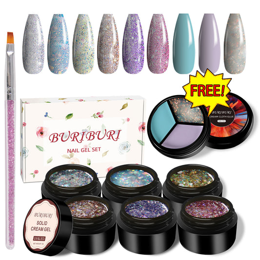 Shiny Glitter 6 Colors Set + Free 3-colors-in-1 (#20) Solid Cream Gel Polish