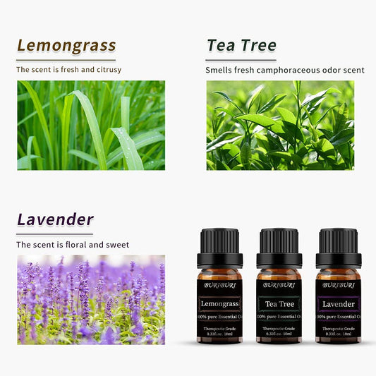 tea tree, lavender, lemongrass essential oils