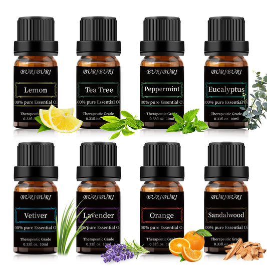 Lemon, Tea Tree, Peppermint, Eucalyptus, Vetiver, Lavender, Orange, Sandalwood essential oil set