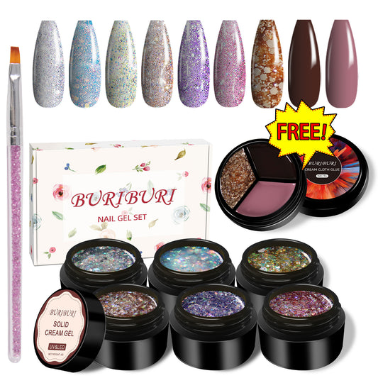 Shiny Glitter 6 Colors Set + Free 3-colors-in-1 (#08) Solid Cream Gel Polish