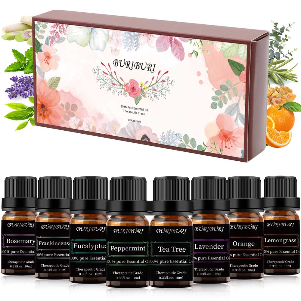 tea tree lavender frankincense 8Pcs 10ml Essential Oil Set (Lavender, Eucalyptus, Lemongrass, Orange, – BURIBURI STORE