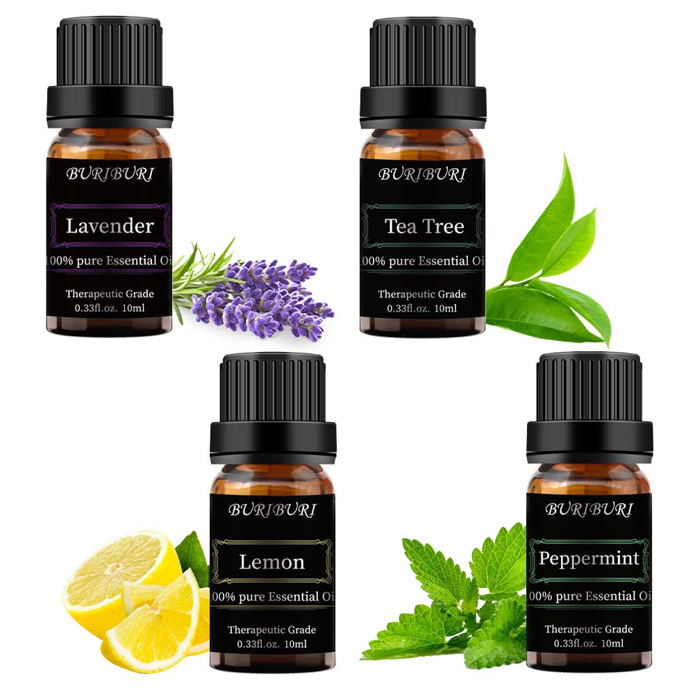 lavender, lemon, tea tree, peppermint essential oil