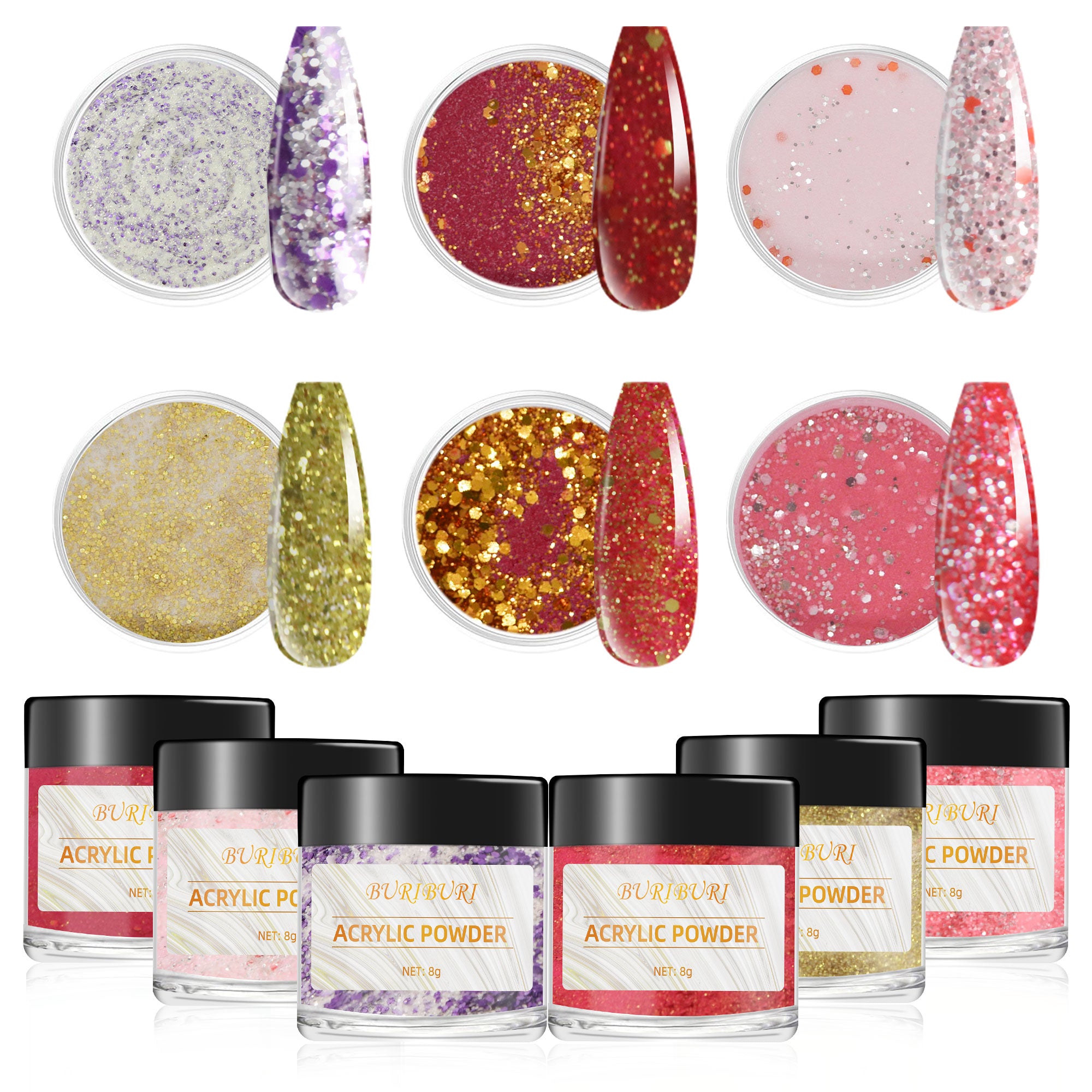 Festive Atmosphere - 6 Colors Nails Glitter Acrylic Powder Set