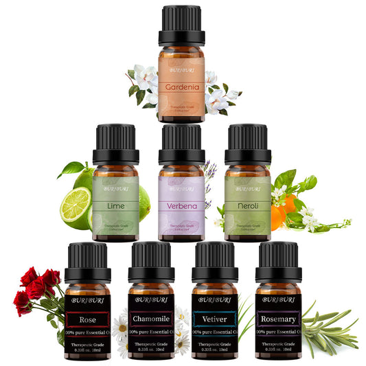 Lime, Verbena, Neroli, Gardenia, Chamomile, Rose, Vetiver, Rosemary essential oil set