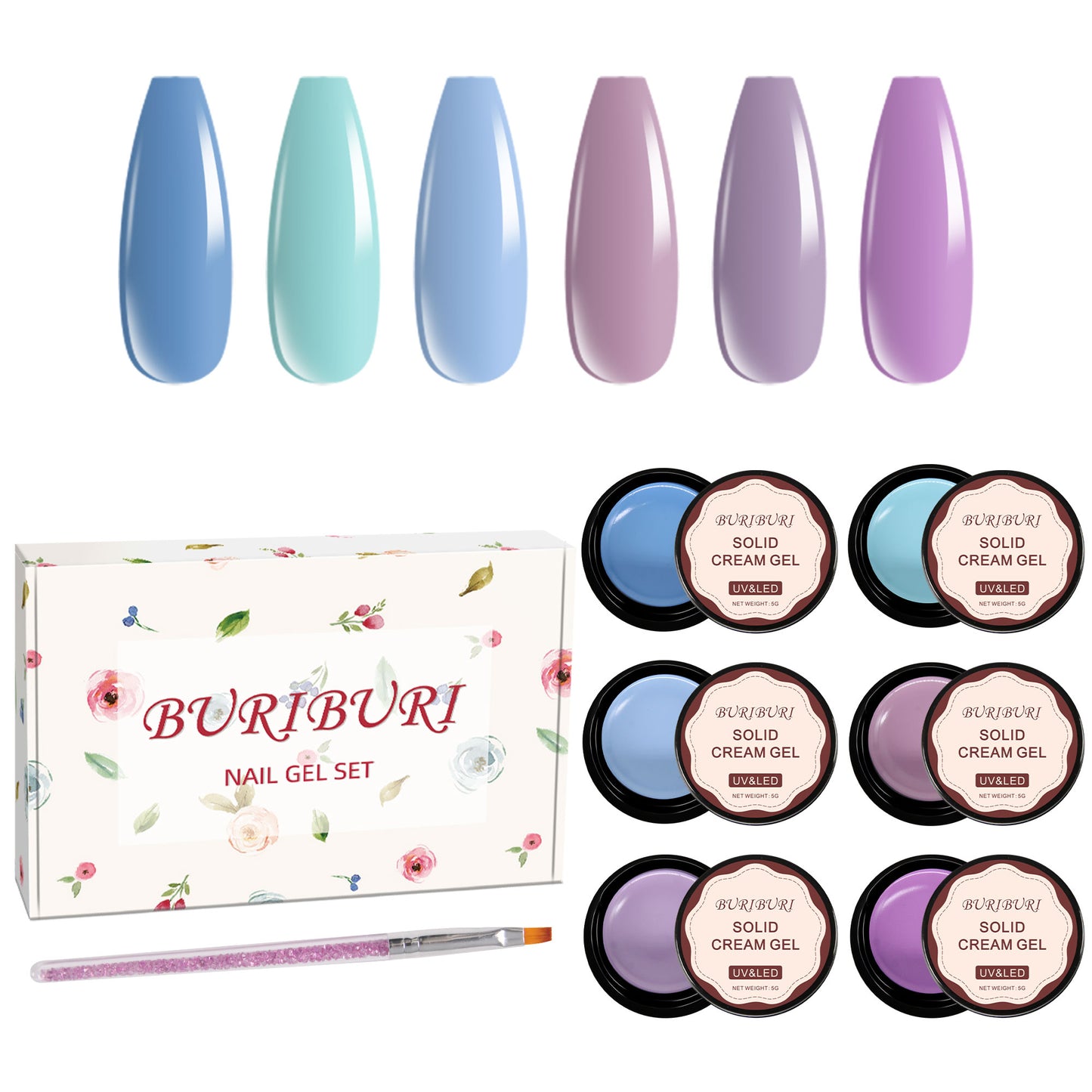 Blue & Purple Series - 6 Colors Solid Cream Gel Nails Polish Set
