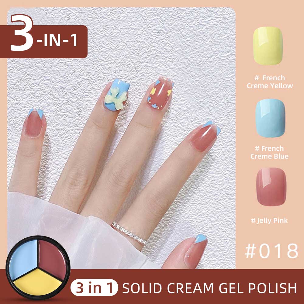3 Colors in 1 Solid Cream Gel Polish - Yogurt White, Nude Pink, Glitter Flower