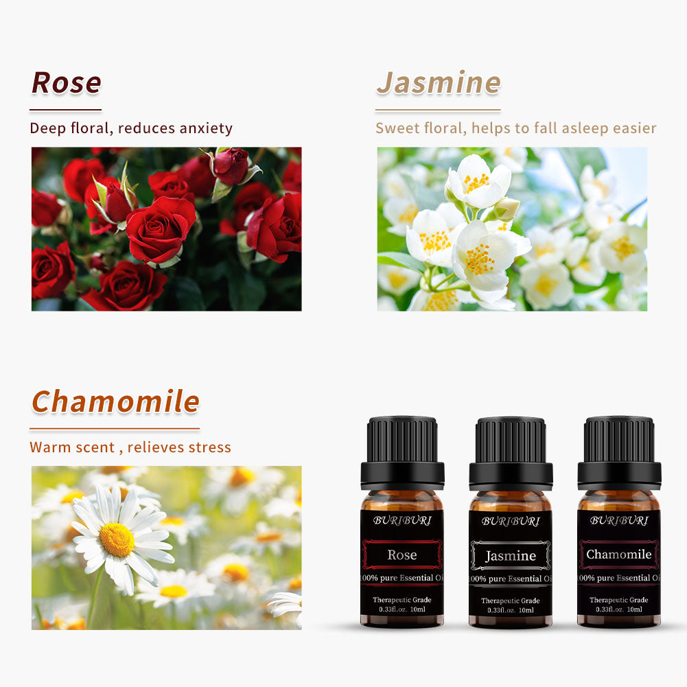 Chamomile, Jasmine, Rose essential oils