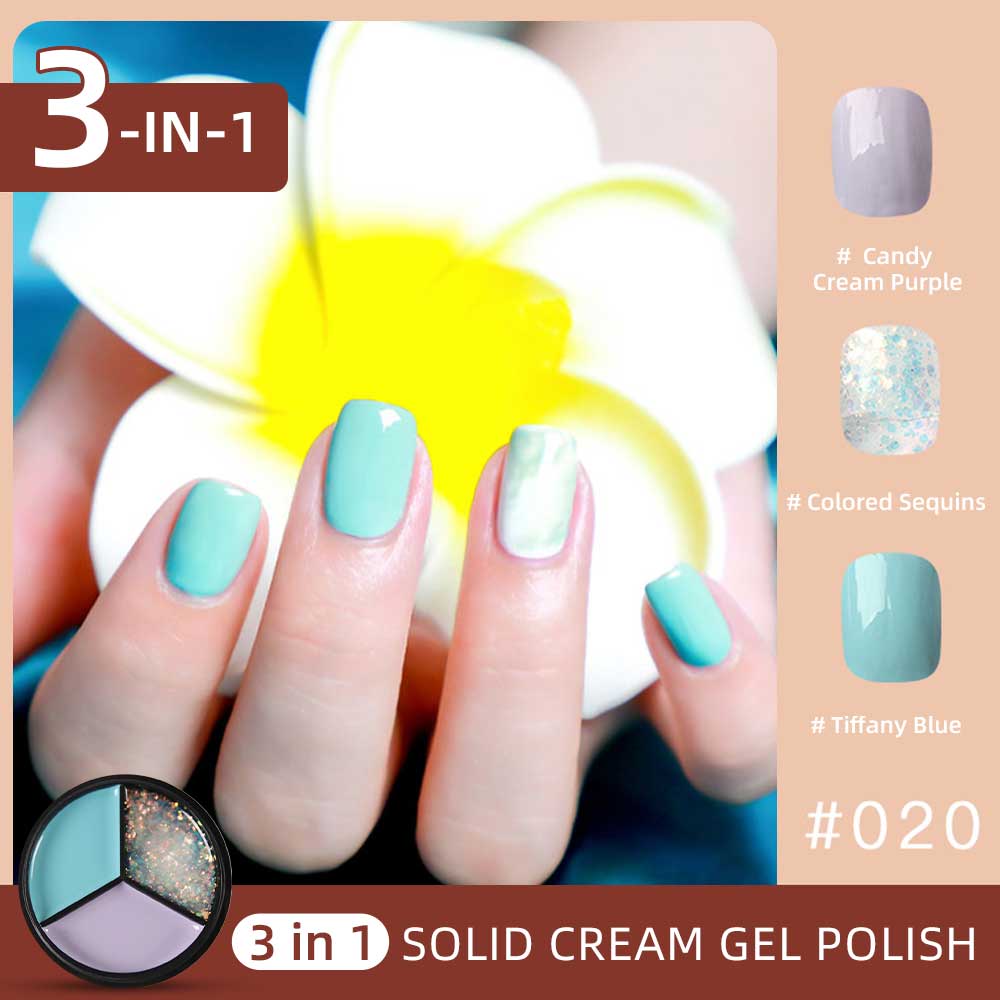 3 Colors in 1 Solid Cream Gel Polish - Glitter Silver, Fashion Gray, Ocean Blue