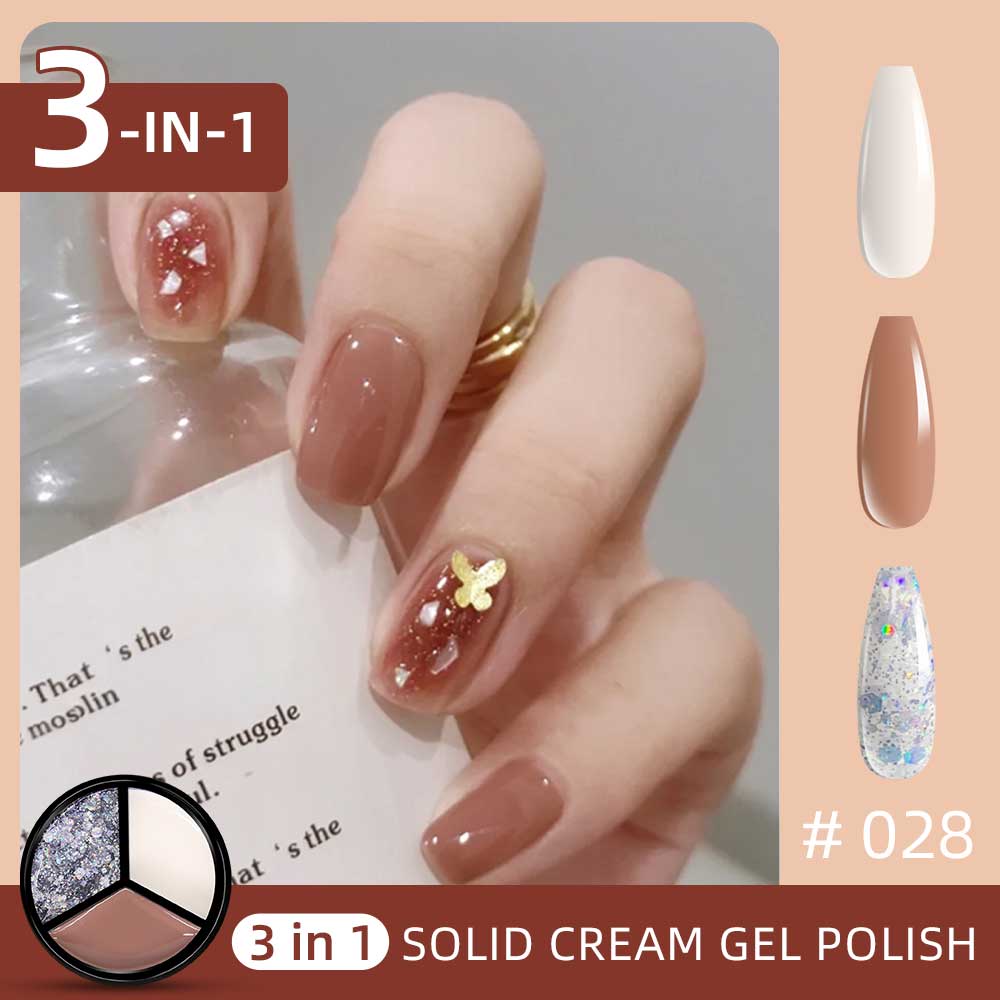 3 Colors in 1 Solid Cream Gel Polish - White, Light Coffee, Bright Glitter Sliver