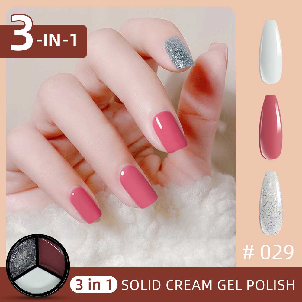 3 Colors in 1 Solid Cream Gel Polish - White, Watermelon Red, Glitter Silver