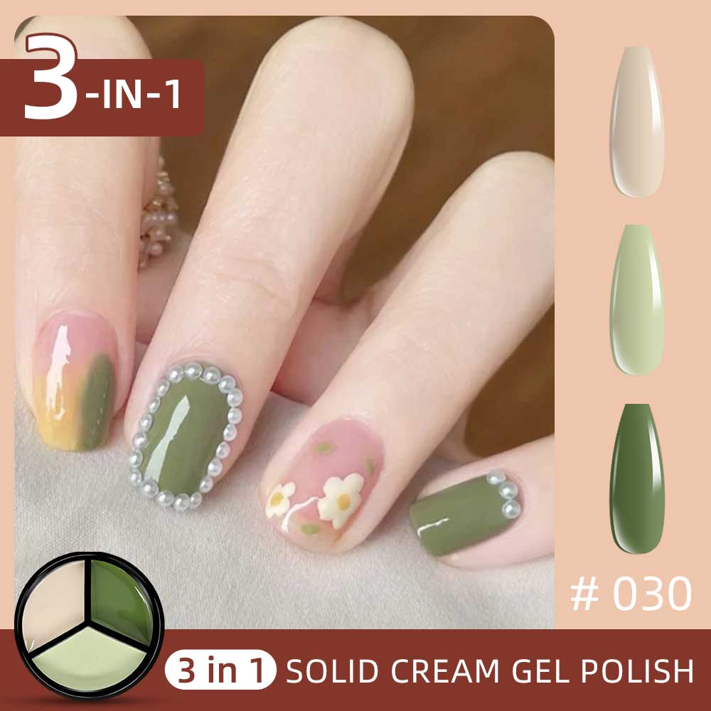 3 Colors in 1 Solid Cream Gel Polish - Nude, Olive Green, Light Green