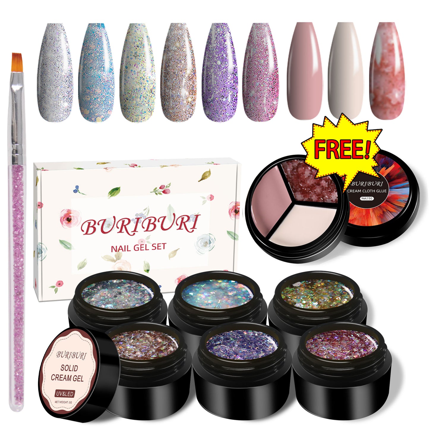 Shiny Glitter 6 Colors Set + Free 3-colors-in-1 (#24) Solid Cream Gel Polish