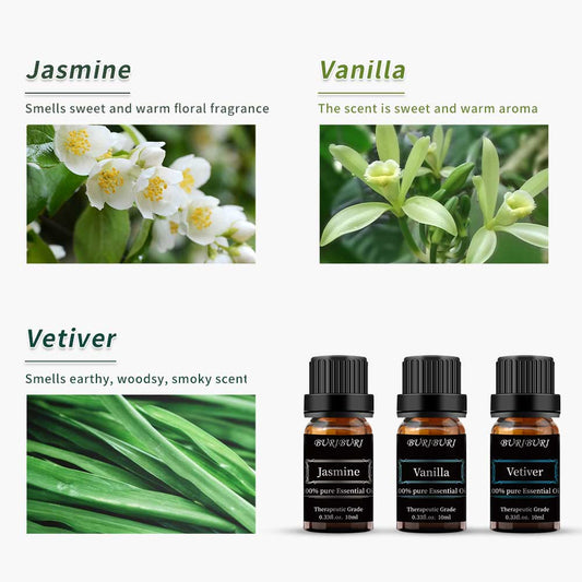6pcs 10ml Essential Oil Set (Lavender, Jasmine, Vanilla, Vetiver, Peppermint, Eucalyptus)