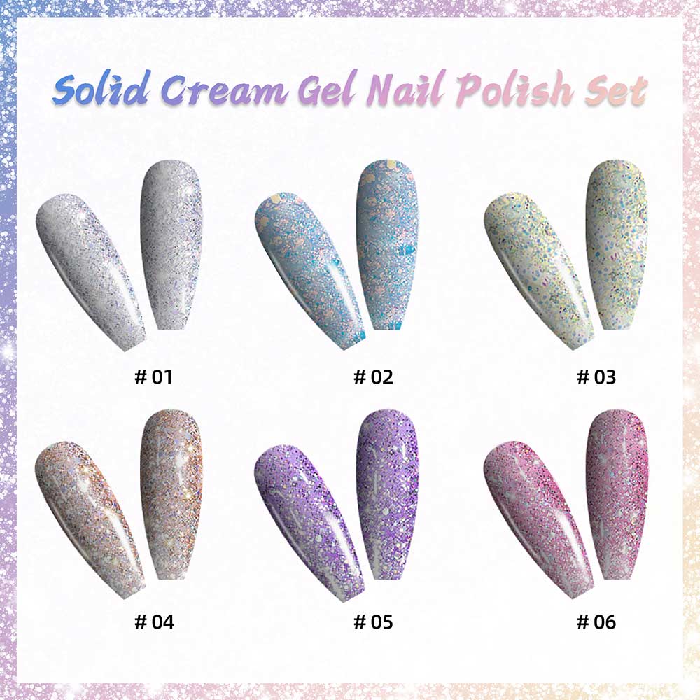 Shiny Glitter 6 Colors Set + Free 3-colors-in-1 (#20) Solid Cream Gel Polish