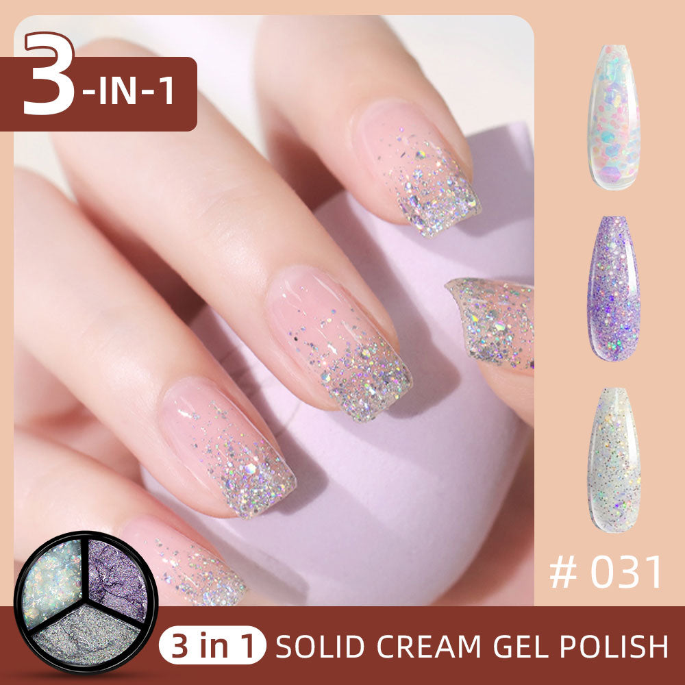 3 Colors in 1 Solid Cream Gel Polish - Glitter Purple, Glitter Silver, Glitter Colorful