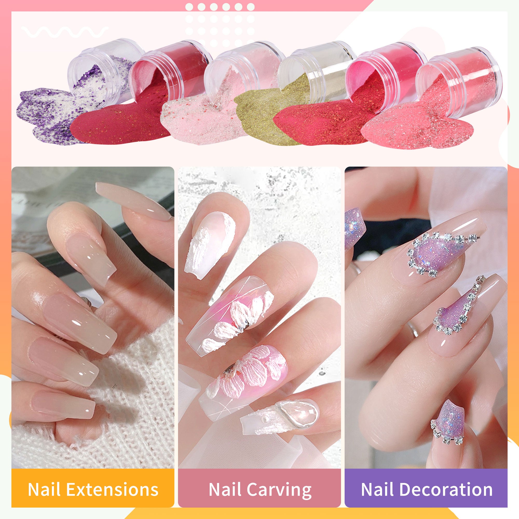 Festive Atmosphere - 6 Colors Nails Glitter Acrylic Powder Set