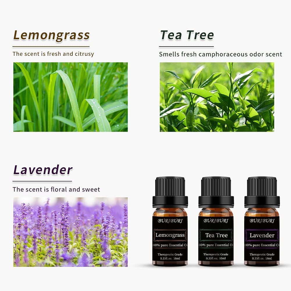 tea tree, lavender, lemongrass essential oils