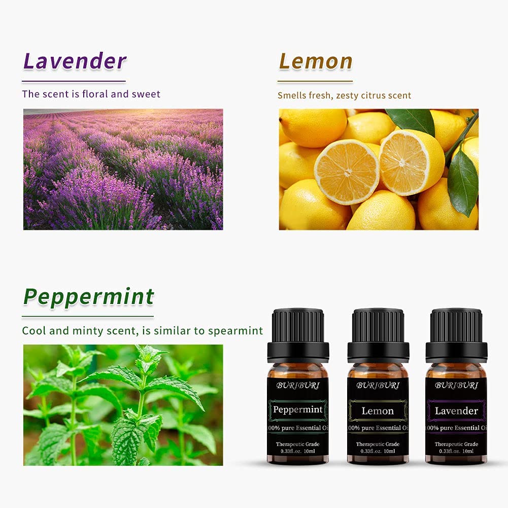 lemon, lavender, peppermint essential oils