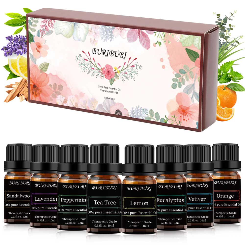 Lemon, Tea Tree, Peppermint, Eucalyptus, Vetiver, Lavender, Orange, Sandalwood essential oil set