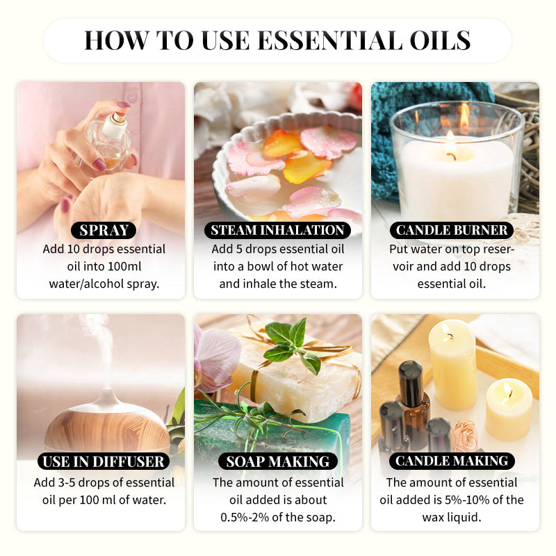 6pcs 10ml Essential Oil Set (Lavender, Rose, Jasmine, Sandalwood, Peppermint, Tea Tree)