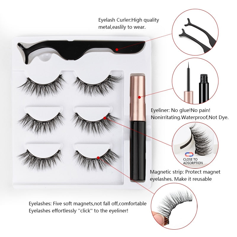 3 Pairs 3D 8-15MM Magnetic Eyelashes & Eyeliner Kit Reusable No Glue False Lashes