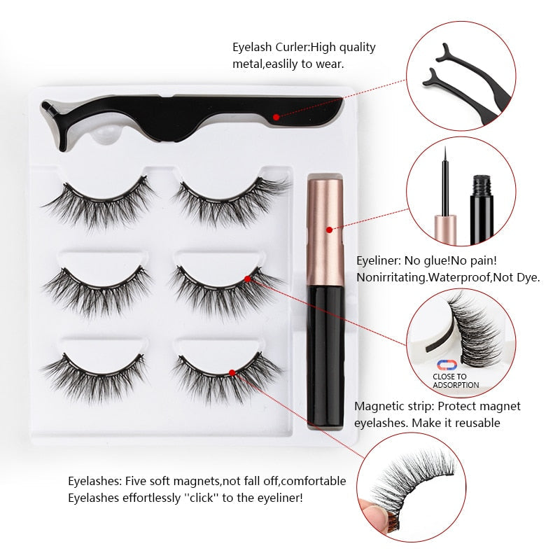 3 Pairs 3D 8-20mm Magnetic Eyelashes & Eyeliner Kit Reusable No Glue False Lashes